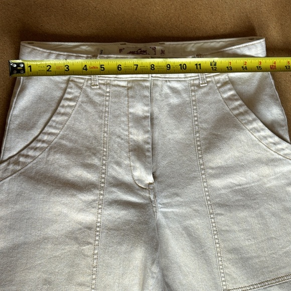 Linen/cotton/spandex bellbottoms. Off white with gold metallic threading. - Picture 3 of 9